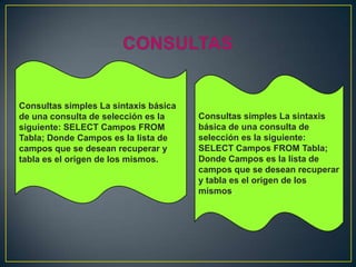 Consultas simples La sintaxis básica
de una consulta de selección es la
siguiente: SELECT Campos FROM
Tabla; Donde Campos es la lista de
campos que se desean recuperar y
tabla es el origen de los mismos.
Consultas simples La sintaxis
básica de una consulta de
selección es la siguiente:
SELECT Campos FROM Tabla;
Donde Campos es la lista de
campos que se desean recuperar
y tabla es el origen de los
mismos.
 