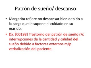 Patrón de sueño/ descanso
• Margarita refiere no descansar bien debido a
la carga que le supone el cuidado en su
marido.
• Dx: [00198] Trastorno del patrón de sueño r/c
interrupciones de la cantidad y calidad del
sueño debido a factores externos m/p
verbalización del paciente.
 