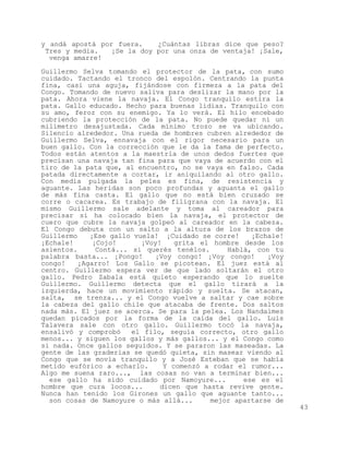 y andá apostá por fuera.    ¿Cuántas libras dice que peso?
 Tres y media.   ¡Se la doy por una onza de ventaja! ¡Sale,
  venga amarre!

Guillermo Selva tomando el protector de la pata, con sumo
cuidado. Tactando el tronco del espolón. Centrando la punta
fina, casi una aguja, fijándose con firmeza a la pata del
Congo. Tomando de nuevo saliva para deslizar la mano por la
pata. Ahora viene la navaja. El Congo tranquilo estira la
pata. Gallo educado. Hecho para buenas lidias. Tranquilo con
su amo, feroz con su enemigo. Ya lo verá. El hilo encebado
cubriendo la protección de la pata. No puede quedar ni un
milímetro desajustada. Cada mínimo trozo se va ubicando.
Silencio alrededor. Una rueda de hombres cubren alrededor de
Guillermo Selva, ennavaja con el rigor necesario para un
buen gallo. Con la corrección que le da la fama de perfecto.
Todos están atentos a la maestría de unos dedos fuertes que
precisan una navaja tan fina para que vaya de acuerdo con el
tiro de la pata que, al encuentro, no se vaya en falso. Cada
patada directamente a cortar, ir aniquilando al otro gallo.
Con media pulgada la pelea es fina, de resistencia y
aguante. Las heridas son poco profundas y aguanta el gallo
de más fina casta. El gallo que no está bien cruzado se
corre o cacarea. Es trabajo de filigrana con la navaja. El
mismo Guillermo sale adelante y toma al careador para
precisar si ha colocado bien la navaja, el protector de
cuero que cubre la navaja golpeó al careador en la cabeza.
El Congo debuta con un salto a la altura de los brazos de
Guillermo   ¡Ese gallo vuela! ¡Cuidado se corre!    ¡Echale!
¡Echale!     ¡Cojo!      ¡Voy!    grita el hombre desde los
asientos.     Contá... si querés tenélos.     Hablá, con tu
palabra basta... ¡Pongo!     ¡Voy congo! ¡Voy congo!    ¡Voy
congo!   ¡Agarro! Los Gallo se picotean. El juez está al
centro. Guillermo espera ver de que lado soltarán el otro
gallo. Pedro Zabala está quieto esperando que lo suelte
Guillermo. Guillermo detecta que el gallo tirará a la
izquierda, hace un movimiento rápido y suelta. Se atacan,
salta, se trenza... y el Congo vuelve a saltar y cae sobre
la cabeza del gallo chile que atacaba de frente. Dos saltos
nada más. El juez se acerca. Se para la pelea. Los Nandaimes
quedan picados por la forma de la caída del gallo. Luis
Talavera sale con otro gallo. Guillermo tocó la navaja,
ensalivó y comprobó    el filo, seguía correcto, otro gallo
menos... y siguen los gallos y más gallos... y el Congo como
si nada. Once gallos seguidos. Y se pararon las maseadas. La
gente de las graderías se quedó quieta, sin masear viendo al
Congo que se movía tranquilo y a José Esteban que se había
metido eufórico a echarlo.     Y comenzó a rodar el rumor...
Algo me suena raro..., las cosas no van a terminar bien...
  ese gallo ha sido cuidado por Namoyure...       ese es el
hombre que cura locos...      dicen que hasta revive gente.
Nunca han tenido los Girones un gallo que aguante tanto...
  son cosas de Namoyure o más allá...     mejor apartarse de
                                                               43
 