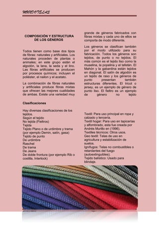 MUNDOTELAS



                                           grande de géneros fabricados con
  COMPOSICIÓN Y ESTRUCTURA                 fibras mixtas y cada uno de ellos se
      DE LOS GÉNEROS                       comporta de modo diferente.
                                           Los géneros se clasifican también
Todos tienen como base dos tipos           por el modo utilizado para su
de fibras: naturales y artificiales. Los   fabricación. Todos los géneros son
naturales proceden de plantas o            tejidos, de punto o no tejidos. El
animales; en este grupo están el           más común es el tejido liso como la
algodón, la lana, la seda y el lino.       muselina, la popelina y el tafetán. El
Las fibras artificiales se producen        Mahón y la gabardina están tejidos
por procesos químicos; incluyen el         en diagonal. El satín de algodón es
poliéster, el nailon y el acetato.         un tejido de raso y los géneros de
                                           punto        presentan        también
La combinación de fibras naturales         estructuras diferentes. El tricot o
y artificiales produce fibras mixtas       jersey, es un ejemplo de género de
que ofrecen las mejores cualidades         punto liso. El fieltro es un ejemplo
de ambas. Existe una variedad muy          de       género         no      tejido

Clasificaciones

Hay diversas clasificaciones de los
tejidos.                                   Textil: Para uso principal en ropa y
Según el tejido                            calzado y lencería.
No tejida (Fieltros)                       Textil hogar: Para uso en tapicerías
Tejida                                     y alfombrado, esta fue creada por
Tejido Plano o de urdimbre y trama         Andrés Murillo en (1996).
(por ejemplo Demin, satín, gasa)           Textiles técnicos: Otros usos.
Tejido de punto                            Geo textil: Telas de uso en
De urdimbre                                agricultura y estabilización de
Raschel                                    suelos.
De trama                                   Ignífugos: Telas no combustibles o
De Jeans                                   retardantes del fuego
De doble frontura (por ejemplo Rib o       (autoextinguibles).
costilla, Interlock)                       Tejido balístico: Usado para
                                           blindaje.




MARGARITA PAREDES                               Página 7
 
