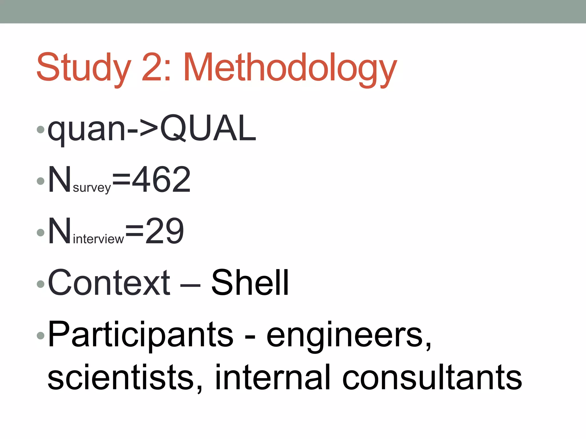 Study 2: Methodology
•quan->QUAL
•Nsurvey=462
•Ninterview=29
•Context – Shell
•Participants - engineers,
scientists, internal consultants