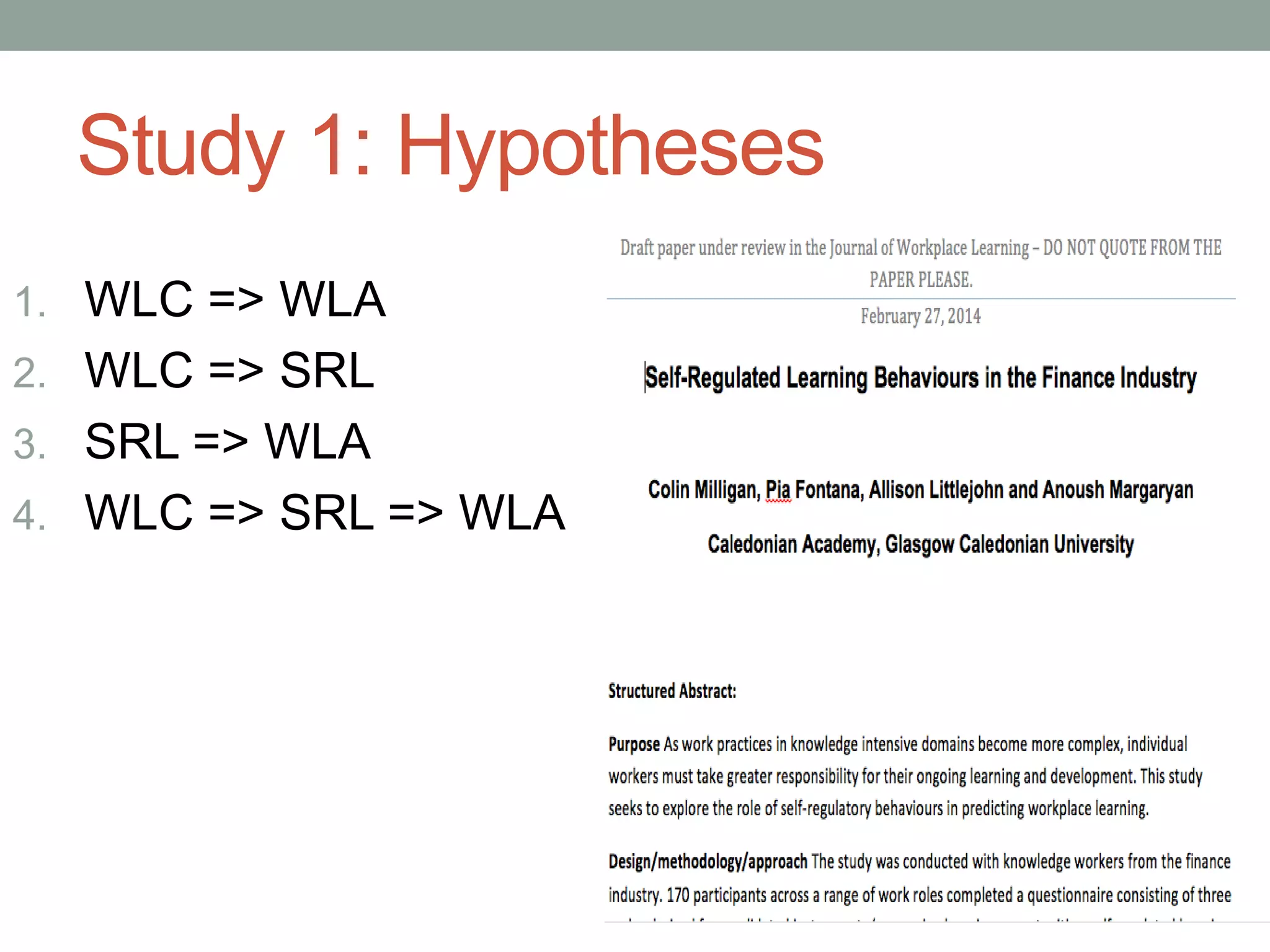 Study 1: Hypotheses
1. WLC => WLA
2. WLC => SRL
3. SRL => WLA
4. WLC => SRL => WLA