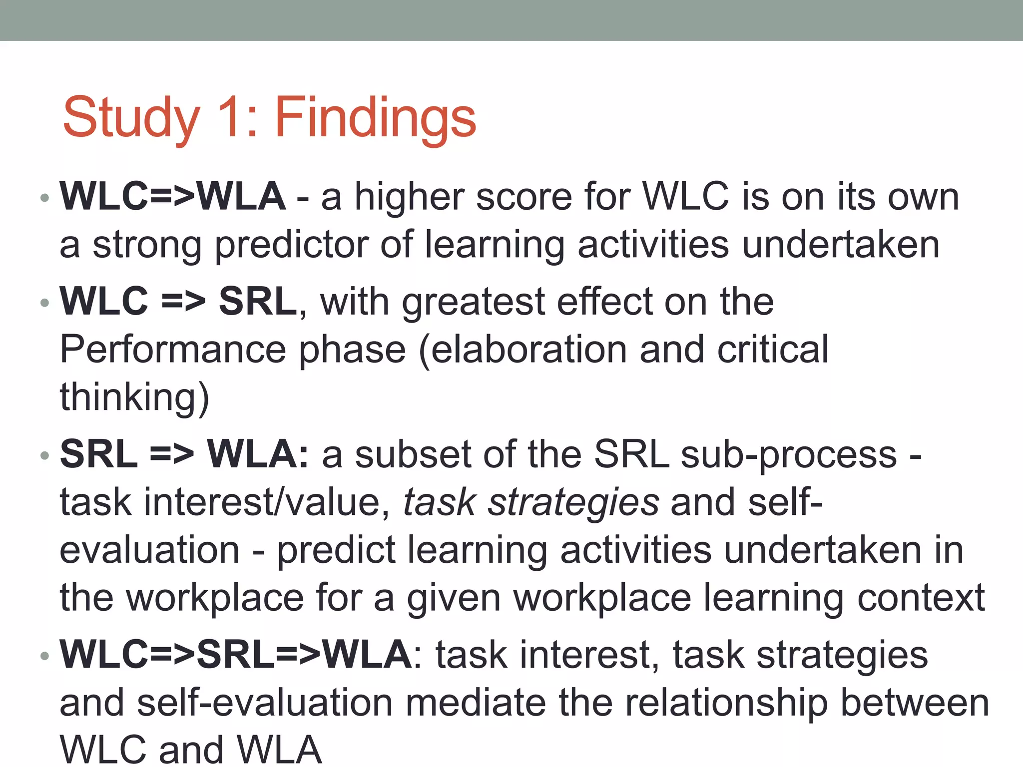 Study 1: Findings
• WLC=>WLA - a higher score for WLC is on its own
a strong predictor of learning activities undertaken
• WLC => SRL, with greatest effect on the
Performance phase (elaboration and critical
thinking)
• SRL => WLA: a subset of the SRL sub-process -
task interest/value, task strategies and self-
evaluation - predict learning activities undertaken in
the workplace for a given workplace learning context
• WLC=>SRL=>WLA: task interest, task strategies
and self-evaluation mediate the relationship between
WLC and WLA