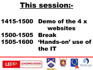 This session:- 1415-1500  Demo of the 4 x  websites 1500-1505  Break 1505-1600  ‘Hands-on’ use of  the IT  