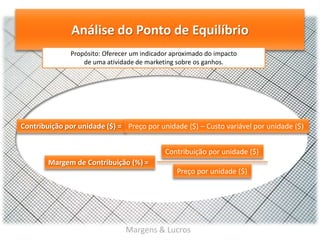Análise do Ponto de Equilíbrio
Propósito: Oferecer um indicador aproximado do impacto
de uma atividade de marketing sobre os ganhos.

Contribuição por unidade ($) = Preço por unidade ($) – Custo variável por unidade ($)
Contribuição por unidade ($)
Margem de Contribuição (%) =
Preço por unidade ($)

Margens & Lucros

 