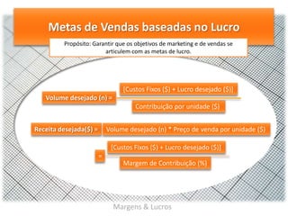 Metas de Vendas baseadas no Lucro
Propósito: Garantir que os objetivos de marketing e de vendas se
articulem com as metas de lucro.

[Custos Fixos ($) + Lucro desejado ($)]

Volume desejado (n) =
Contribuição por unidade ($)

Receita desejada($) =

Volume desejado (n) * Preço de venda por unidade ($)
[Custos Fixos ($) + Lucro desejado ($)]
=

Margem de Contribuição (%)

Margens & Lucros

 