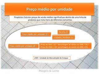 Preço médio por unidade
Propósito: Calcular preços de venda médios significativos dentro de uma linha de
produtos que inclui itens de diferentes tamanhos.

Receita ($)
Preço médio por unidade ($) =
Unidades Vendidas (n)

Preço médio por unidade ($) =

[Preço de UME 1 ($) * porcentagem de vendas de UME 1 (%) +
[Preço de UME 2 ($)* porcentagem de vendas de UME 2 (%)

UME = Unidade de Manutenção do Estoque

Margens & Lucros

 