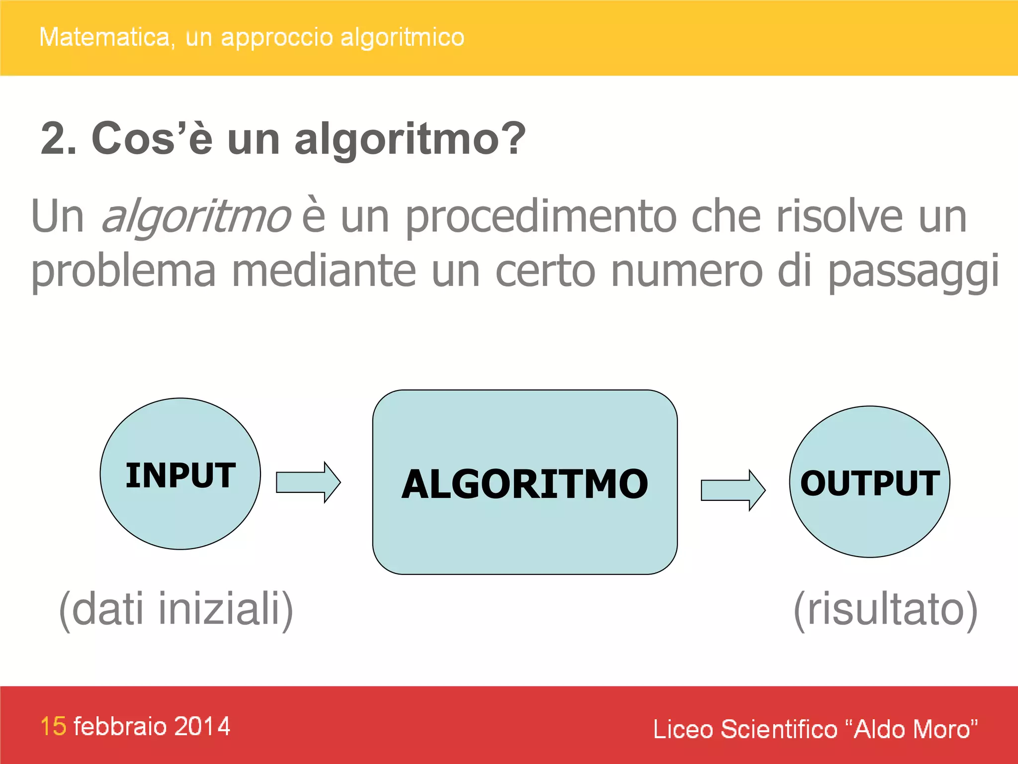 2. Cos’è un algoritmo?
Un algoritmo è un procedimento che risolve un
problema mediante un certo numero di passaggi

INPUT

(dati iniziali)

ALGORITMO

OUTPUT

(risultato)

 