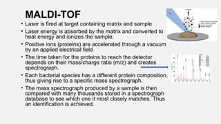 MALDI-TOF
• Laser is fired at target containing matrix and sample
• Laser energy is absorbed by the matrix and converted to
heat energy and ionizes the sample.
• Positive ions (proteins) are accelerated through a vacuum
by an applied electrical field
• The time taken for the proteins to reach the detector
depends on their mass/charge ratio (m/z) and creates
spectrograph.
• Each bacterial species has a different protein composition,
thus giving rise to a specific mass spectrograph.
• The mass spectrograph produced by a sample is then
compared with many thousands stored in a spectrograph
database to see which one it most closely matches. Thus
an identification is achieved.
 