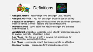 Definitions
• Obligate Aerobe – require high level of oxygen (20%) to grow
• Obligate Anaerobe – >30 min of oxygen exposur...