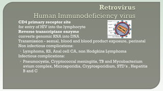  CD4 primary receptor site
for entry of HIV into the lymphocyte
 Reverse transcriptase enzyme
converts genomic RNA into DNA
 Transmission - sexual, blood and blood product exposure, perinatal
 Non infectious complications:
• Lymphoma, KS, Anal cell CA, non Hodgkins Lymphoma
 Infectious complications:
• Pneumocystis, Cryptococcal meningitis, TB and Mycobacterium
avium complex, Microsporidia, Cryptosporidium, STD’s , Hepatitis
B and C
 