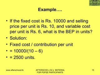 Example…. If the fixed cost is Rs. 10000 and selling price per unit is Rs. 10, and variable cost per unit is Rs. 6, what is the BEP in units?  Solution:  Fixed cost / contribution per unit = 10000/(10 – 6)  = 2500 units.  