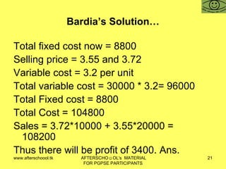 Bardia’s Solution… Total fixed cost now = 8800 Selling price = 3.55 and 3.72 Variable cost = 3.2 per unit  Total variable cost = 30000 * 3.2= 96000 Total Fixed cost = 8800  Total Cost = 104800 Sales = 3.72*10000 + 3.55*20000 =  108200 Thus there will be profit of 3400. Ans.  