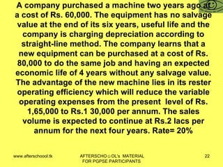 A company purchased a machine two years ago at a cost of Rs. 60,000. The equipment has no salvage value at the end of its six years, useful life and the company is charging depreciation according to straight-line method. The company learns that a new equipment can be purchased at a cost of Rs. 80,000 to do the same job and having an expected economic life of 4 years without any salvage value. The advantage of the new machine lies in its rester operating efficiency which will reduce the variable operating expenses from the present  level of Rs. 1,65,000 to Rs.1 30,000 per annum. The sales volume is expected to continue at Rs.2 lacs per annum for the next four years. Rate= 20% 
