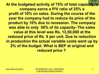 At the budgeted activity of 75% of total capacity, a company earns a P/V ratio of 25% a profit of 10% on sales. During the course of the year the company had to reduce its price of the product by 10% due to recession. The company was able to only  50% of its capacity- The sales value at this level was Rs. 13,50,000 at the reduced price of Rs. 9 per unit. Due to reduction in production the actual variable costs went up by 2% of the budget. What is BEP at original and reduced price ?  