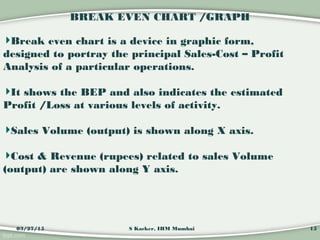 BREAK EVEN CHART /GRAPH
Break even chart is a device in graphic form,
designed to portray the principal Sales-Cost – Profi...