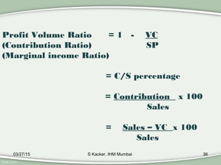 03/27/15 S Kacker, IHM Mumbai 36
Profit Volume Ratio = 1 - VC
(Contribution Ratio) SP
(Marginal income Ratio)
= C/S percen...