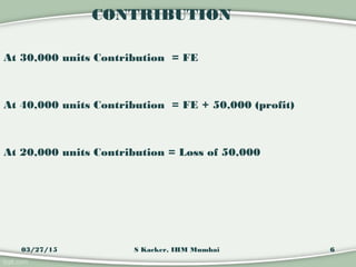 CONTRIBUTION
At 30,000 units Contribution = FE
At 40,000 units Contribution = FE + 50,000 (profit)
At 20,000 units Contrib...