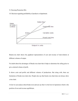 19 | P a g e
9. Choosing Promotion Mix
10. Decision regarding profitability of products or department.
Break-even chart shows the graphical representation of cost and revenue of inter-relation at
different volumes of output.
No doubt about the advantages of Break-even chart that it helps to determine the selling price to
give a desired volume of profit.
It shows costs and profits and different volumes of productions. But along with, there are
limitations of break-even chart also. People also say that break even chart does not always show
a true chart.
At last we can analyse about break-even and can say that it is the level of operations which is the
position of cost and revenue equilibrium.
 