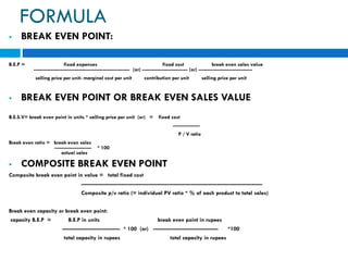 FORMULA
 BREAK EVEN POINT:
B.E.P = fixed expenses fixed cost break even sales value
--------------------------------------------------------- (or) --------------------------- (or) --------------------------------
selling price per unit- marginal cost per unit contribution per unit selling price per unit
 BREAK EVEN POINT OR BREAK EVEN SALES VALUE
B.E.S.V= break even point in units * salling price per unit (or) = fixed cost
----------------
P / V ratio
Break even ratio = break even sales
---------------------- * 100
actual sales
 COMPOSITE BREAK EVEN POINT
Composite break even point in value = total fixed cost
----------------------------------------------------------------------------------------------------
Composite p/v ratio (= individual PV ratio * % of each product to total sales)
Break even capacity or break even point:
capacity B.E.P = B.E.P in units break even point in rupees
-------------------------------- * 100 (or) ------------------------------------ *100
total capacity in rupees total capacity in rupees
 