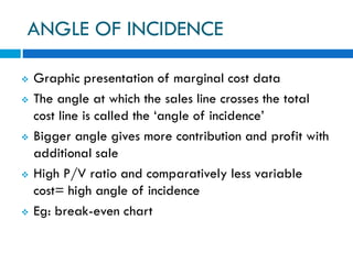 ANGLE OF INCIDENCE
 Graphic presentation of marginal cost data
 The angle at which the sales line crosses the total
cost line is called the ‘angle of incidence’
 Bigger angle gives more contribution and profit with
additional sale
 High P/V ratio and comparatively less variable
cost= high angle of incidence
 Eg: break-even chart
 