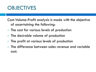 OBJECTIVES
Cost-Volume-Profit analysis is made with the objective
of ascertaining the following:
 The cost for various levels of production
 The desirable volume of production
 The profit at various levels of production
 The difference between sales revenue and variable
cost.
 