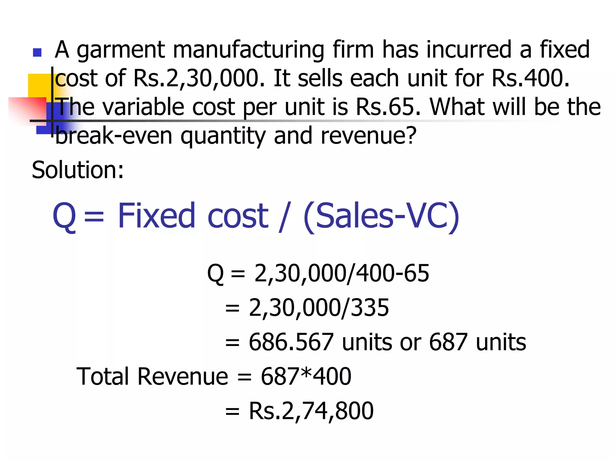  A garment manufacturing firm has incurred a fixed
cost of Rs.2,30,000. It sells each unit for Rs.400.
The variable cost per unit is Rs.65. What will be the
break-even quantity and revenue?
Solution:
Q = 2,30,000/400-65
= 2,30,000/335
= 686.567 units or 687 units
Total Revenue = 687*400
= Rs.2,74,800
Q = Fixed cost / (Sales-VC)
 