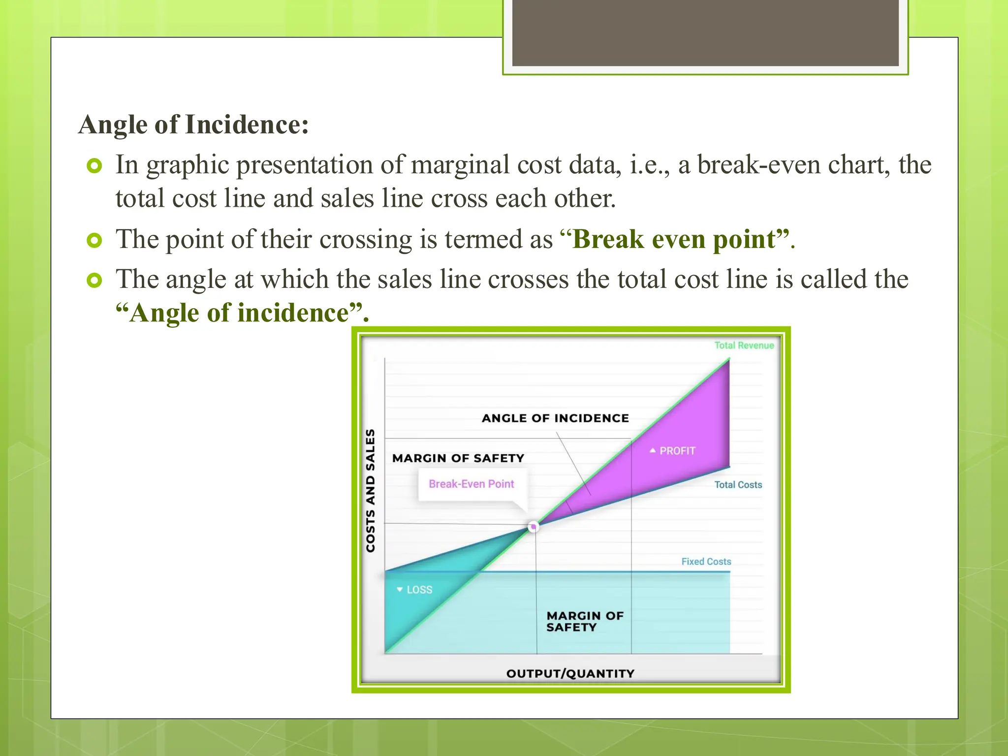 Angle of Incidence:
 In graphic presentation of marginal cost data, i.e., a break-even chart, the
total cost line and sales line cross each other.
 The point of their crossing is termed as “Break even point”.
 The angle at which the sales line crosses the total cost line is called the
“Angle of incidence”.
 