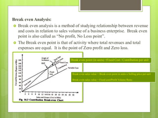 Break even Analysis:
 Break even analysis is a method of studying relationship between revenue
and costs in relation to sales volume of a business enterprise. Break even
point is also called as “No profit, No Loss point”.
 The Break even point is that of activity where total revenues and total
expenses are equal. It is the point of Zero profit and Zero loss.
Break even point (in units) =Fixed Cost / Contribution per unit
Break even sales value = Break even point in units x Selling price per unit
Break even sales value = Fixed cost/Profit Volume Ratio
 