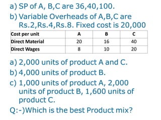 a) 2,000 units of product A and C.
b) 4,000 units of product B.
c) 1,000 units of product A, 2,000
units of product B, 1,600 units of
product C.
Q:-)Which is the best Product mix?
a) SP of A, B,C are 36,40,100.
b) Variable Overheads of A,B,C are
Rs.2,Rs.4,Rs.8. Fixed cost is 20,000
Cost per unit A B C
Direct Material 20 16 40
Direct Wages 8 10 20
 