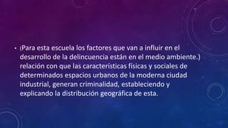 • (Para esta escuela los factores que van a influir en el
desarrollo de la delincuencia están en el medio ambiente.)
relación con que las características físicas y sociales de
determinados espacios urbanos de la moderna ciudad
industrial, generan criminalidad, estableciendo y
explicando la distribución geográfica de esta.
 