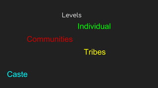 Levels
Individual
Communities
Tribes
Caste
