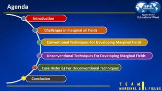Agenda
Case Histories For Unconventional Techniques
Unconventional Techniques For Developing Marginal Fields
Conventional ...