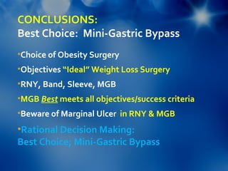 CONCLUSIONS:
Best Choice: Mini-Gastric Bypass
•Choice of Obesity Surgery
•Objectives “Ideal” Weight Loss Surgery
•RNY, Band, Sleeve, MGB
•MGB Best meets all objectives/success criteria
•Beware of Marginal Ulcer in RNY & MGB
•Rational Decision Making:
Best Choice; Mini-Gastric Bypass
 
