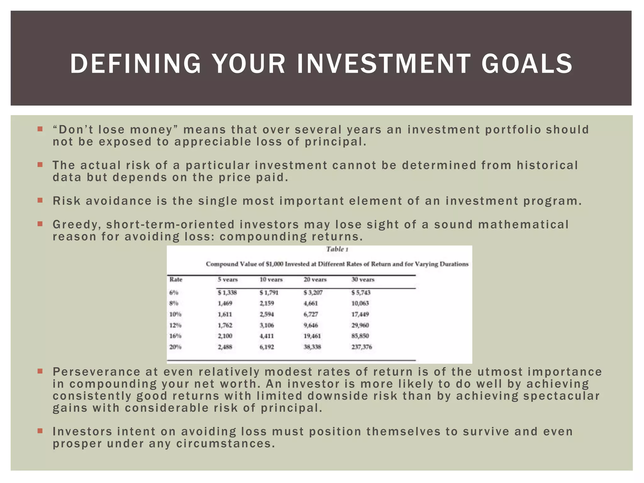  “Don’t lose money” means that over several years an investment portfolio should
not be exposed to appreciable loss of principal.
 The actual risk of a particular investment cannot be determined from historical
data but depends on the price paid.
 Risk avoidance is the single most important element of an investment program.
 Greedy, short-term-oriented investors may lose sight of a sound mathematical
reason for avoiding loss: compounding returns.
 Perseverance at even relatively modest rates of return is of the utmost importance
in compounding your net worth. An investor is more likely to do well by achieving
consistently good returns with limited downside risk than by achieving spectacular
gains with considerable risk of principal.
 Investors intent on avoiding loss must position themselves to survive and even
prosper under any circumstances.
DEFINING YOUR INVESTMENT GOALS
 