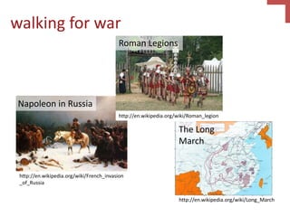 walking for war
Napoleon in Russia
http://en.wikipedia.org/wiki/French_invasion
_of_Russia
The Long
March
http://en.wikipedia.org/wiki/Long_March
Roman Legions
http://en.wikipedia.org/wiki/Roman_legion
 