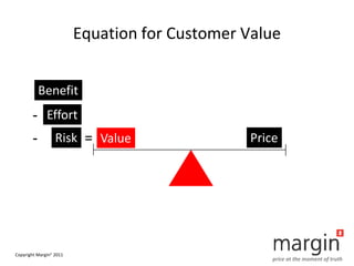 Equation for Customer Value


            Benefit
        - Effort
        -         Risk = Value                  Price

...