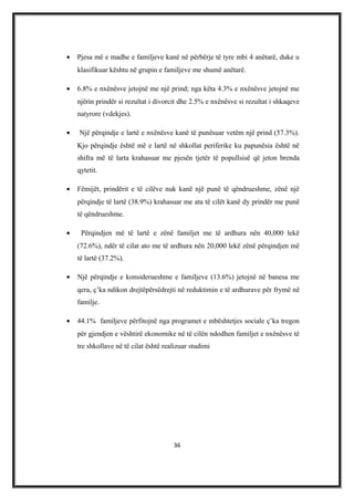 • Pjesa më e madhe e familjeve kanë në përbërje të tyre mbi 4 anëtarë, duke u
klasifikuar kështu në grupin e familjeve me shumë anëtarë.
• 6.8% e nxënësve jetojnë me një prind; nga këta 4.3% e nxënësve jetojnë me
njërin prindër si rezultat i divorcit dhe 2.5% e nxënësve si rezultat i shkaqeve
natyrore (vdekjes).
• Një përqindje e lartë e nxënësve kanë të punësuar vetëm një prind (57.3%).
Kjo përqindje është më e lartë në shkollat periferike ku papunësia është në
shifra më të larta krahasuar me pjesën tjetër të popullsisë që jeton brenda
qytetit.
• Fëmijët, prindërit e të cilëve nuk kanë një punë të qëndrueshme, zënë një
përqindje të lartë (38.9%) krahasuar me ata të cilët kanë dy prindër me punë
të qëndrueshme.
• Përqindjen më të lartë e zënë familjet me të ardhura nën 40,000 lekë
(72.6%), ndër të cilat ato me të ardhura nën 20,000 lekë zënë përqindjen më
të lartë (37.2%).
• Një përqindje e konsiderueshme e familjeve (13.6%) jetojnë në banesa me
qera, ç’ka ndikon drejtëpërsëdrejti në reduktimin e të ardhurave për frymë në
familje.
• 44.1% familjeve përfitojnë nga programet e mbështetjes sociale ç’ka tregon
për gjendjen e vështirë ekonomike në të cilën ndodhen familjet e nxënësve të
tre shkollave në të cilat është realizuar studimi
36
 