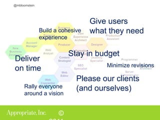 Give users what they need Build a cohesive experience Stay in budget Minimize revisions Deliver on time Please our clients (and ourselves) Rally everyone around a vision 