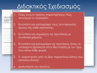 Διδακτικός Σχεδιασμός
1. Ποιες είναι οι πρώτες παρατηρήσεις; Πώς
λειτουργεί το λογισμικό;
2. Εντοπίστε και καταγράψτε τους συντακτικούς
όρους της κάθε πρότασης.
3. Εντοπίστε και σημειώστε τις προτάσεις με
συνδετικά ρήματα.
4. Εντοπίστε και καταγράψτε τις προτάσεις όπου το
υποκείμενο βρίσκεται στην ίδια πτώση με τον όρο
που λείπει κάθε φορά.
5. Τι παρατηρείτε από τις δύο παραπάνω λίστες που
κατασκευάσατε;
6. Διατυπώστε τον κανόνα.
 