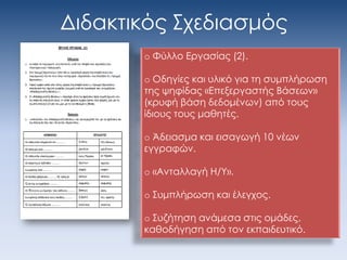 Διδακτικός Σχεδιασμός
o Φύλλο Εργασίας (2).
o Οδηγίες και υλικό για τη συμπλήρωση
της ψηφίδας «Επεξεργαστής Βάσεων»
(κρυφή βάση δεδομένων) από τους
ίδιους τους μαθητές.
o Άδειασμα και εισαγωγή 10 νέων
εγγραφών.
o «Ανταλλαγή Η/Υ».
o Συμπλήρωση και έλεγχος.
o Συζήτηση ανάμεσα στις ομάδες,
καθοδήγηση από τον εκπαιδευτικό.
 