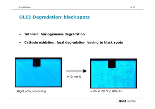 © Holst Centre                                                        29




 OLED Degradation: black spots



 •     Intrinsic: homogeneous degradation

 •     Cathode oxidation: local degradation leading to black spots




                                H2O, not O2




Right after processing                        ~10h at 20 °C / 50% RH
 