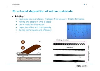 © Holst Centre                                                                  49




Structured deposition of active materials
•    Printing:
         Inkjetable ink formulation (halogen-free solvent): droplet formation
         Jetting and stable in time & speed
         Ink & substrate interaction
         Layer formation and homogeneity
         Device performance and efficiency
 