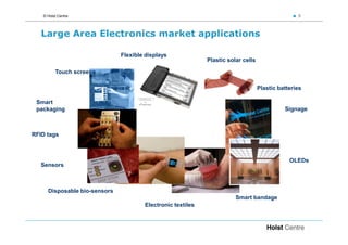 © Holst Centre                                                                                5



   Large Area Electronics market applications

                              Flexible displays
                                                            Plastic solar cells

         Touch screens

                                                                                  Plastic batteries

 Smart
 packaging                                                                                  Signage



RFID tags



                                                                                              OLEDs
   Sensors



     Disposable bio-sensors
                                                                       Smart bandage
                                      Electronic textiles
 