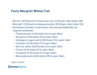 • Auto’s*: 30,6% bezit 2 of meer auto’s (tov 22,2% gem. Ned. (index 138))
• Woning*: 71,5% bezit een koopwoning (tov 59,2% gem. Ned. (index 121))
• Activiteiten: bezoekers ondernemen meer dan gemiddeld Ned. de
volgende activiteiten:
– Theaterbezoek 37,0% (index 134 tov gem. Ned.)
– Kamperen 22,3% (index 125 tov gem. Ned.)
– Uitstapjes in eigen land 43,9% (index 121 tov gem. Ned.)
– Tuinieren 43,3% (index 117 tov gem. Ned.)
– Doe-het-zelven 30,5% (index 113 tov gem. Ned.)
– Fietsen 55,1% (index 112 tov gem. Ned.)
– Fotografie 25,1% (index 111 tov gem. Ned.)
– Bioscoopbezoek 40,0% (index 109 tov gem. Ned.)
(bron: Cendris)
Facts Margriet Winter Fair
 