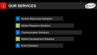OUR SERVICES
1
2
4
3
5
Human Resources Solutions
Market Research Solutions
Communication Solutions
Market Development Solu...