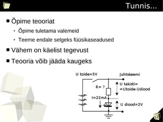 Tunnis...
■   Õpime teooriat
       Õpime tuletama valemeid
       Teeme endale selgeks füüsikaseadused
■   Vähem on käelist tegevust
■   Teooria võib jääda kaugeks




                                                       12
 