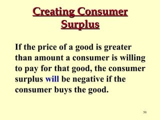 Creating Consumer
Surplus
If the price of a good is greater
than amount a consumer is willing
to pay for that good, the consumer
surplus will be negative if the
consumer buys the good.
50

 