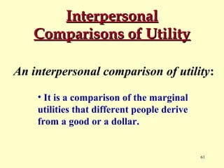 Interpersonal
Comparisons of Utility
An interpersonal comparison of utility:
• It is a comparison of the marginal
utilities that different people derive
from a good or a dollar.

61

 
