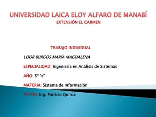 UNIVERSIDAD LAICA ELOY ALFARO DE MANABÍ  EXTENSIÓN EL CARMEN TRABAJO INDIVIDUAL LOOR BURGOS MARÍA MAGDALENA ESPECIALIDAD:Ingeniería en Análisis de Sistemas AÑO: 5º “c”  MATERIA: Sistema de Información  TUTOR: Ing. Patricio Quiroz 